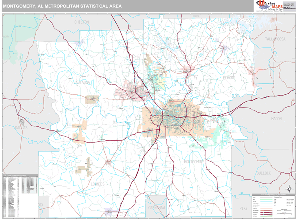 Montgomery, AL Metro Area Zip Code Wall Map Premium Style by MarketMAPS