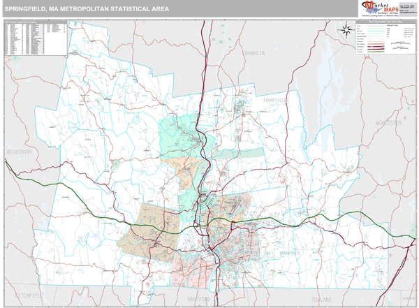 Springfield, MA Metro Area Wall Map Premium Style by MarketMAPS