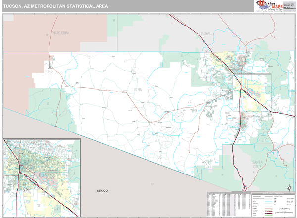 Tucson, AZ Metro Area Zip Code Wall Map Premium Style by MarketMAPS
