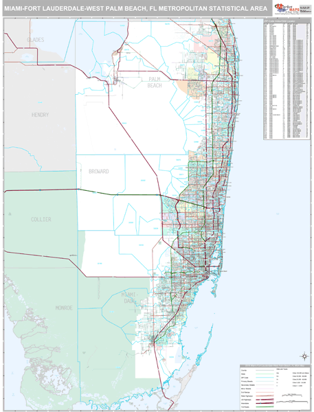 Miami Fort Lauderdale West Palm Beach Fl Metro Area Wall Map Premium
