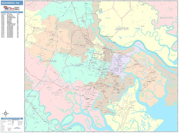 Savannah Georgia Wall Map (Color Cast Style) by MarketMAPS