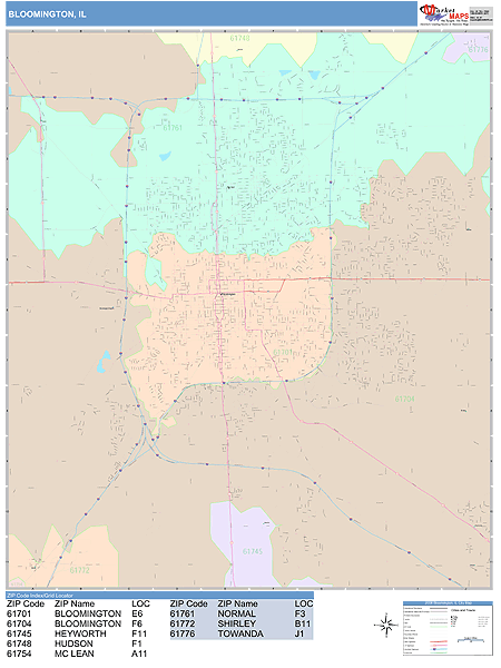 Bloomington Illinois Wall Map (Color Cast Style) by MarketMAPS