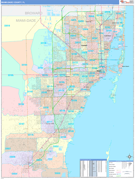 miami-dade county, fl wall map color cast stylemarketmaps