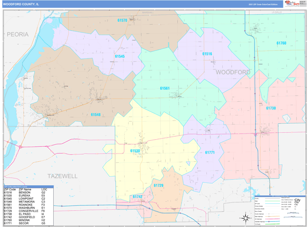 Woodford County, IL Wall Map Color Cast Style by MarketMAPS