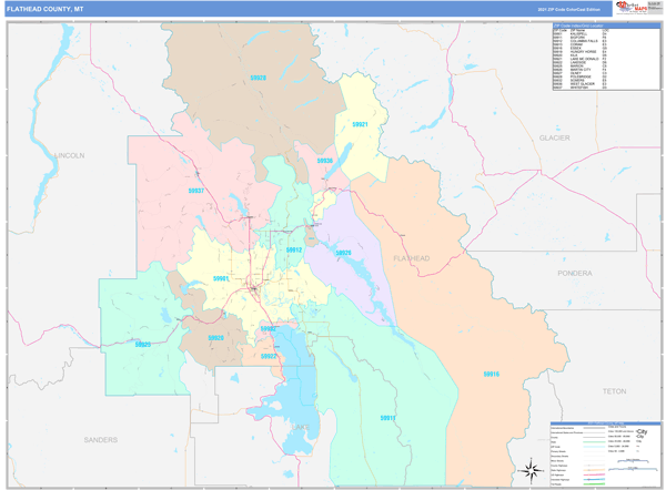 Kalispell Zip Code Map Flathead County, Mt Wall Map Color Cast Style By Marketmaps - Mapsales
