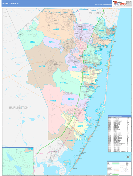 Ocean County, NJ Wall Map Color Cast Style by MarketMAPS