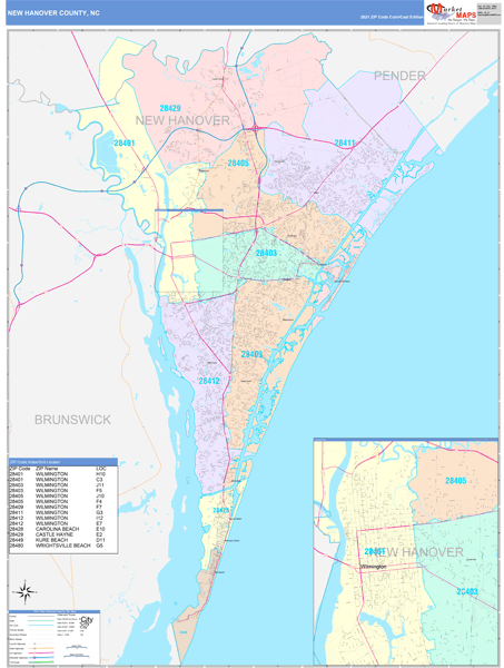 New Hanover County, NC Wall Map Color Cast Style by MarketMAPS