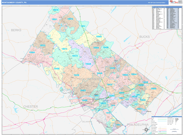 Montgomery County, PA Wall Map Color Cast Style by MarketMAPS