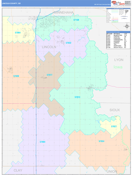 Lincoln County, SD Wall Map Color Cast Style by MarketMAPS