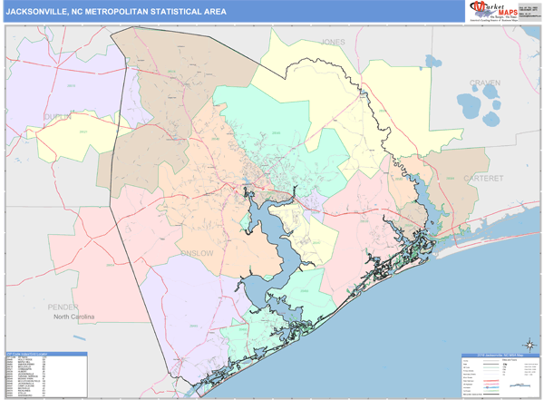 Jacksonville Nc Zip Code Map Jacksonville Nc Metro Area Wall Map Color Cast Style By Marketmaps Mapsales