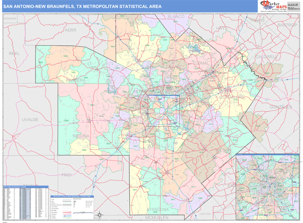 San Antonio-New Braunfels, TX Metro Area Wall Map Color Cast Style by