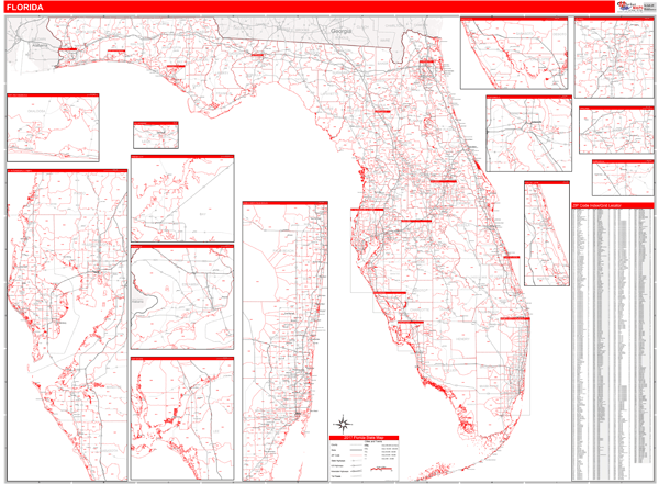 Florida Zip Code Wall Map Red Line Style By Marketmaps