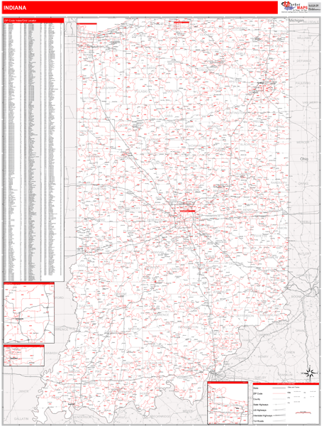 Indiana Zip Code Wall Map Red Line Style by MarketMAPS