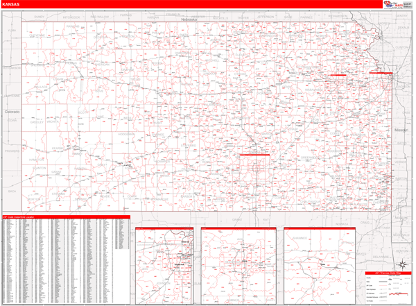 Kansas Zip Code Wall Map Red Line Style by MarketMAPS