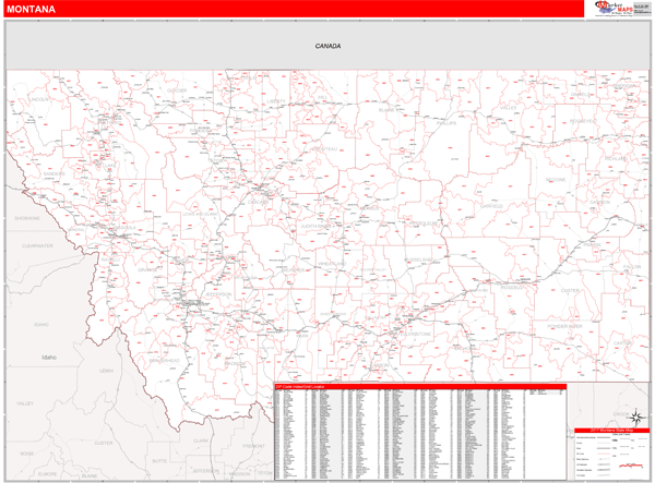 Montana Zip Code Map Montana Zip Code Wall Map Red Line Style By Marketmaps Mapsales