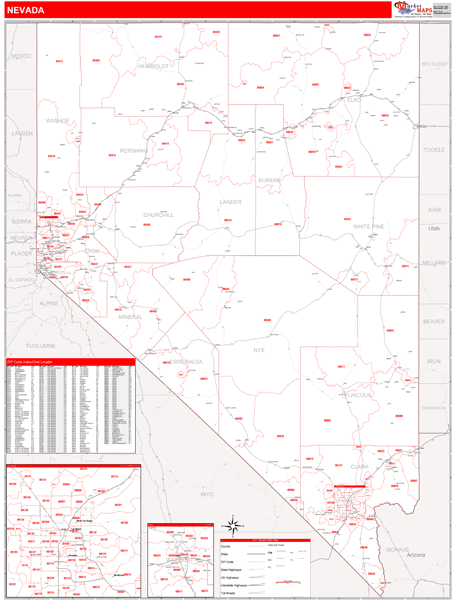 Nevada Zip Code Wall Map Red Line Style by MarketMAPS