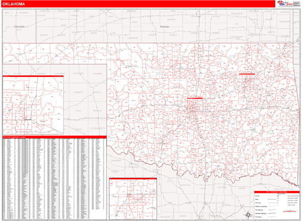 Oklahoma Zip Code Wall Map Red Line Style By Marketmaps