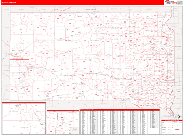 South Dakota Zip Code Wall Map Red Line Style by MarketMAPS