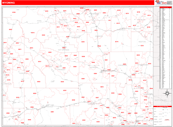 Cheyenne Wy Zip Code Map Wyoming Zip Code Wall Map Red Line Style By Marketmaps - Mapsales