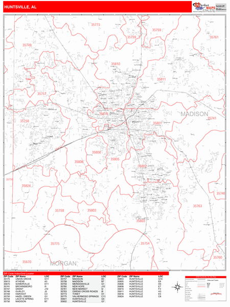 Huntsville Alabama Zip Code Wall Map (Red Line Style) by MarketMAPS