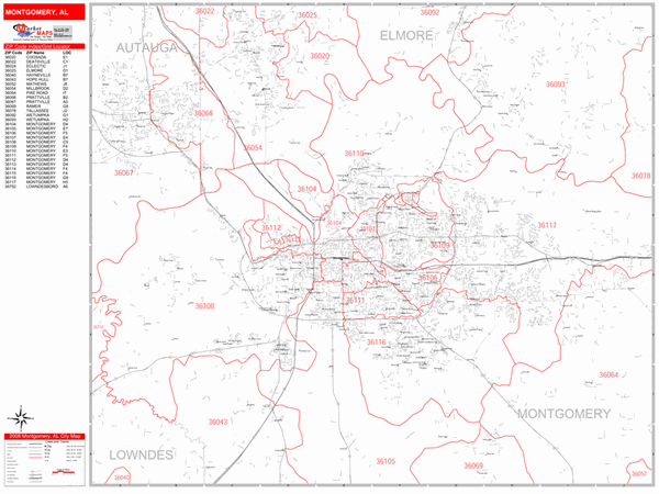 Montgomery Alabama Zip Code Wall Map (Red Line Style) by MarketMAPS