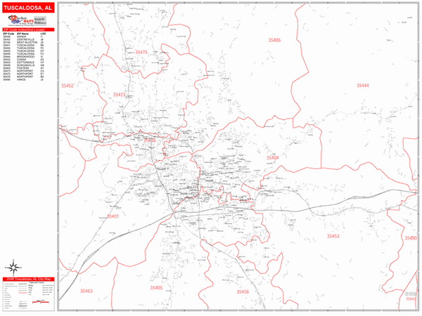 Tuscaloosa Alabama Zip Code Wall Map Red Line Style By Marketmaps