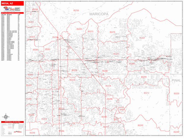 Mesa Zip Codes Map Mesa Arizona Zip Code Wall Map (Red Line Style) By Marketmaps - Mapsales