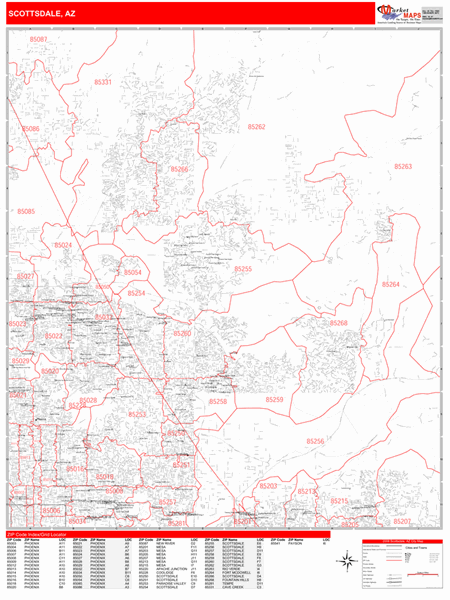 Scottsdale Arizona Zip Code Wall Map (Red Line Style) by MarketMAPS