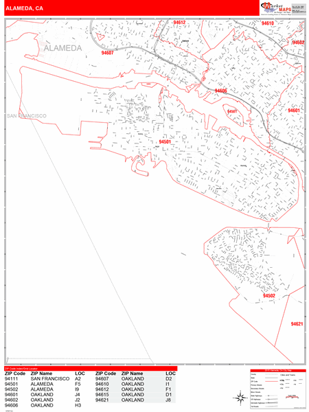 Alameda California Zip Code Wall Map (Red Line Style) by MarketMAPS