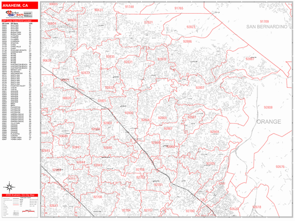 Anaheim Zip Code Map Anaheim California Zip Code Wall Map (Red Line Style) By Marketmaps -  Mapsales