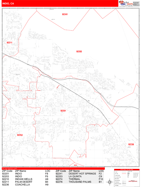 Indio California Wall Map (Red Line Style) by MarketMAPS