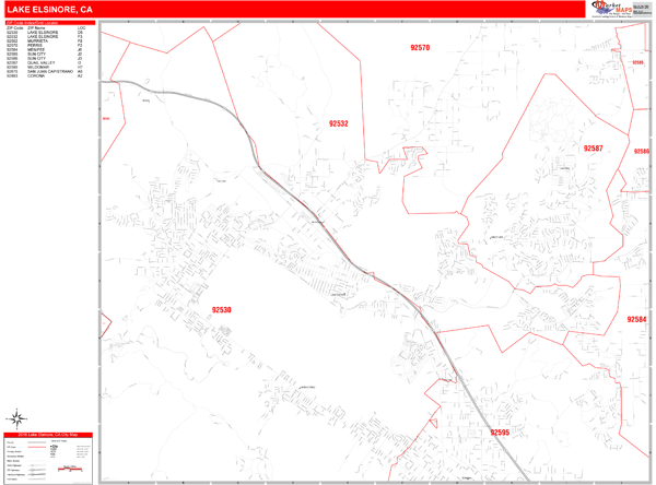 Lake Elsinore California Zip Code Wall Map (Red Line Style) by MarketMAPS