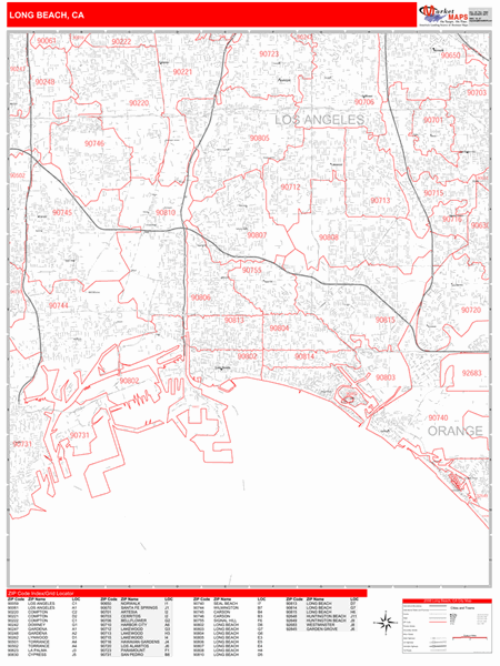 Long Beach Ca Zip Code Map Long Beach California Wall Map (Red Line Style) by MarketMAPS