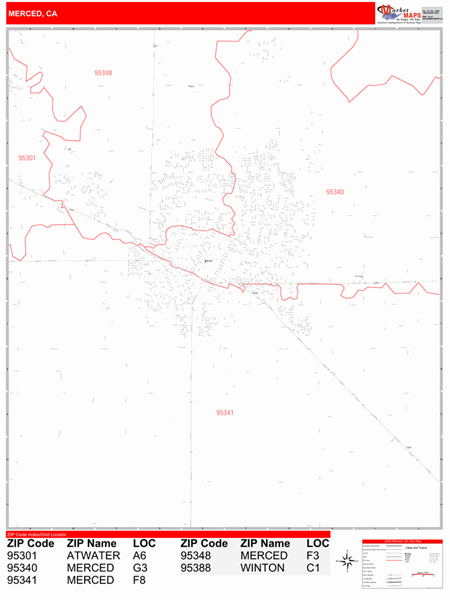 Merced California Zip Code Wall Map (Red Line Style) by MarketMAPS