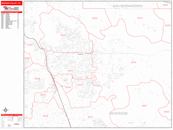 Moreno Valley California Zip Code Wall Map (Red Line Style ...