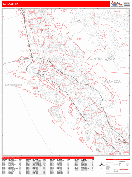 Oakland California Zip Code Wall Map (Red Line Style) by MarketMAPS