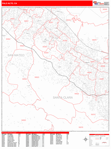 Palo Alto California Wall Map Red Line Style By Marketmaps