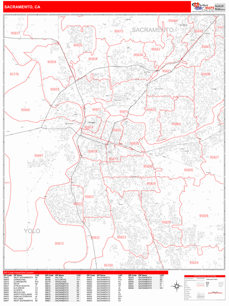 Sacramento California Zip Code Wall Map (Red Line Style) by MarketMAPS
