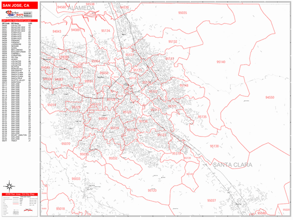 San Jose California Zip Code Wall Map Red Line Style By Marketmaps