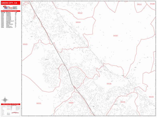 Union City California Zip Code Wall Map (Red Line Style) by MarketMAPS