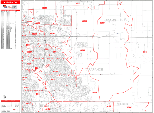Aurora Colorado Zip Code Map Aurora Colorado Zip Code Wall Map (Red Line Style) By Marketmaps - Mapsales