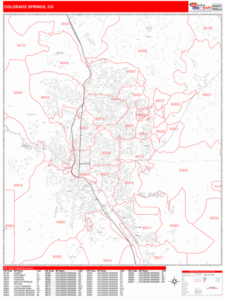 Colorado Springs Colorado Zip Code Wall Map (Red Line Style) by MarketMAPS