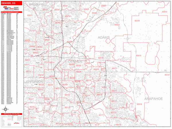 Denver Colorado Zip Code Wall Map (Red Line Style) by MarketMAPS