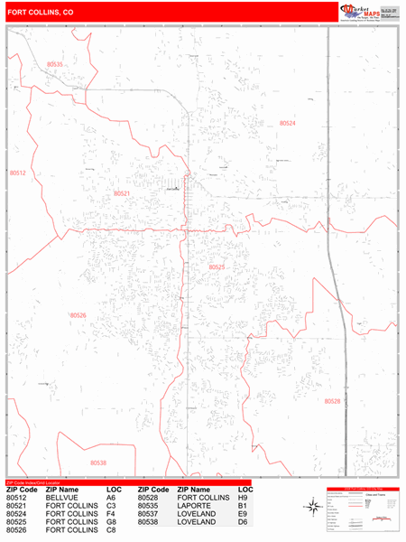 Fort Collins Colorado Zip Code Wall Map Red Line Style By MarketMAPS
