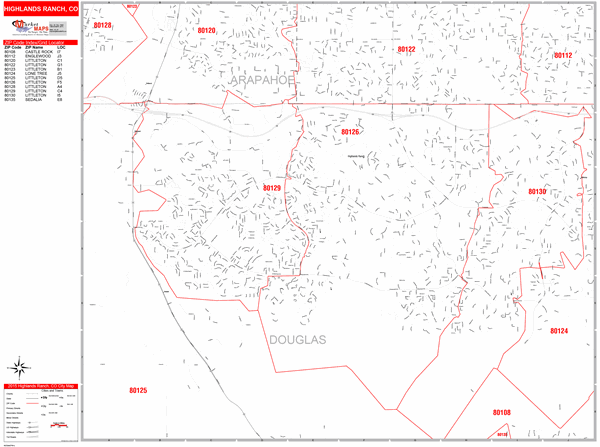 Highlands Ranch Zip Code Map Highlands Ranch Colorado Zip Code Wall Map (Red Line Style) By Marketmaps -  Mapsales