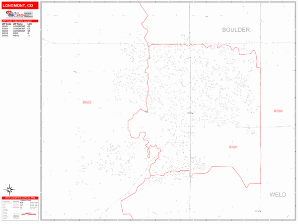 Longmont Colorado Zip Code Wall Map (Red Line Style) by MarketMAPS