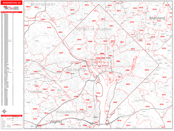 Washington District Of Columbia Zip Code Wall Map (Red Line Style) by MarketMAPS