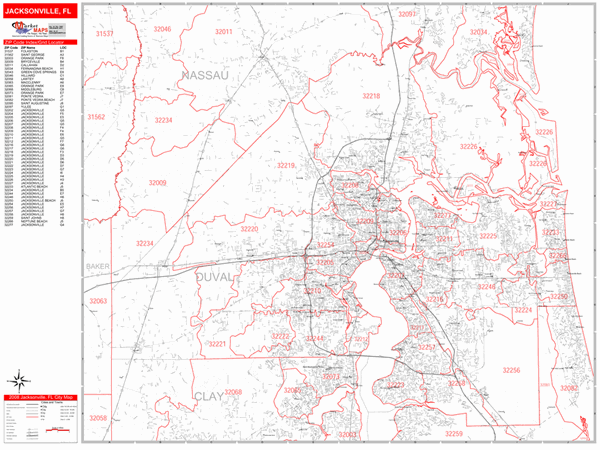 Jacksonville Florida Zip Code Wall Map (Red Line Style) by MarketMAPS