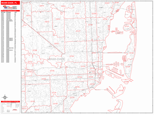 miami florida zip code wall map (red line style)marketmaps