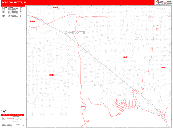 Port Charlotte Florida Zip Code Wall Map (Red Line Style) by MarketMAPS